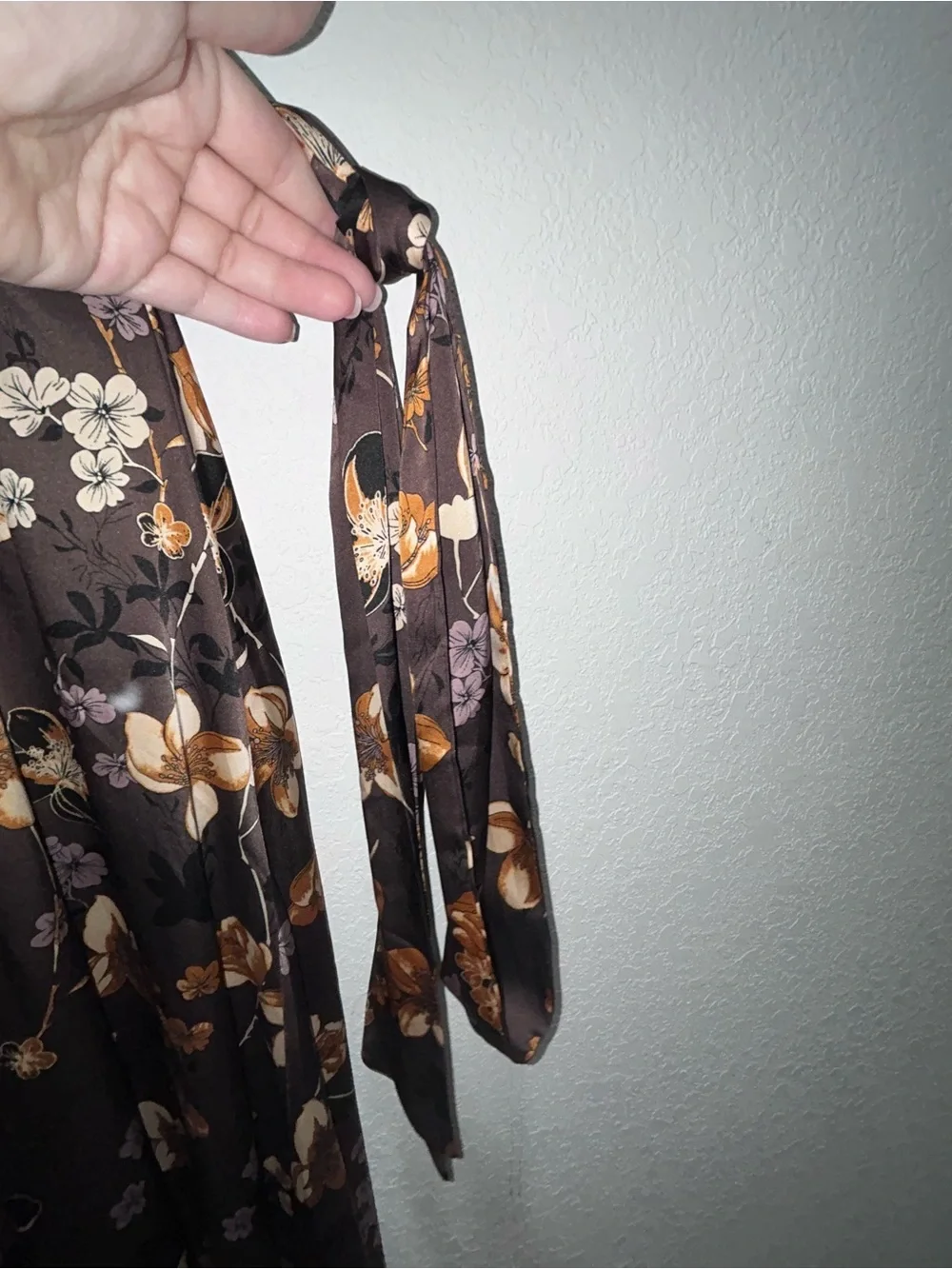 Baltic Borne Agnes satin maxi Floral Tie-Waist Maxi Dress in Dark Brown size s